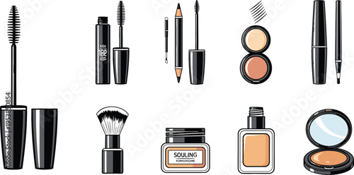 Cosmetic Products Set with Mascara, Eyebrow Pencil, Blush, Foundation, and Brushes for Beauty Routine