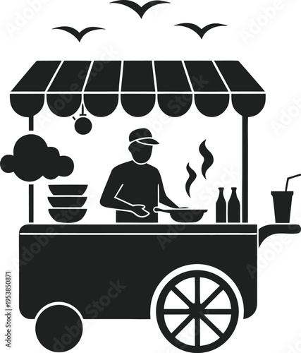 Street food stall with a vendor cooking, drinks, and birds flying above