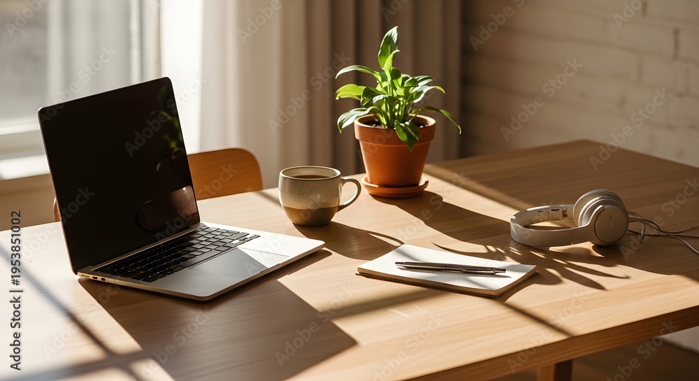 Fototapeta premium A bright sunlit desk features a laptop a ceramic mug a green potted plant a notebook with a pen and headphones casting long shadows