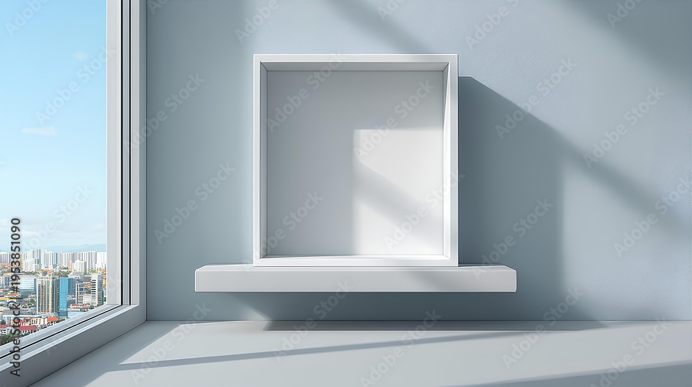 Fototapeta premium Minimalist Display Case: A clean and modern display case, bathed in natural light, rests against a pale blue wall, offering a stage for showcasing objects with sophistication.