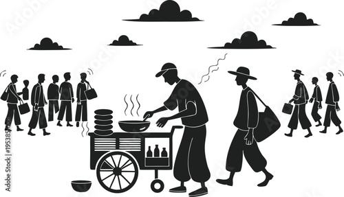 Street food vendor preparing meal on a cart with people walking by and clouds in the sky