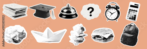 Halftone pop art dot book graduation cap bell alarm clock calculator paper boat cloud burger backpack objects set vector illustration