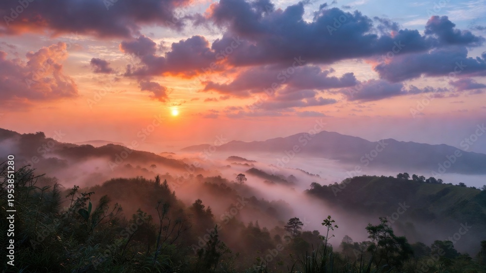 Obraz premium Hilly forest landscape with mist rising at sunrise