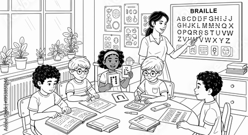 blind students learning braille in classroom