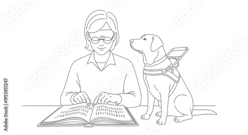 blind woman reading book with guide dog