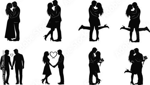 Romantic couple silhouette collection featuring kissing, hugging and holding hands poses, love relationship concept set isolated on light background for Valentine design