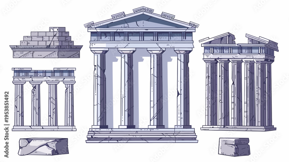 Fototapeta premium Digital illustration of fragmented ancient architectural ruins in white & purple