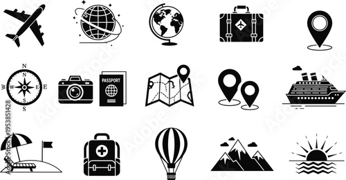Travel icon set featuring airplane, globe, suitcase, passport, map pin, cruise ship, hot air balloon and adventure tourism symbols