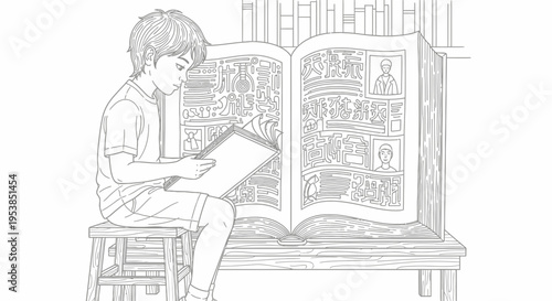 Boy reading book sitting on stool