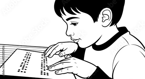 boy reading braille book