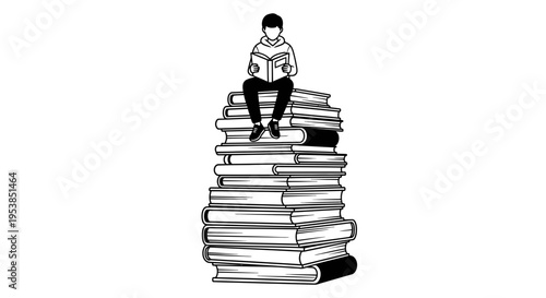 boy sitting on stack of books reading