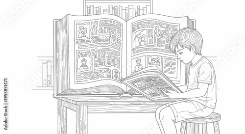 boy reading comic book in library