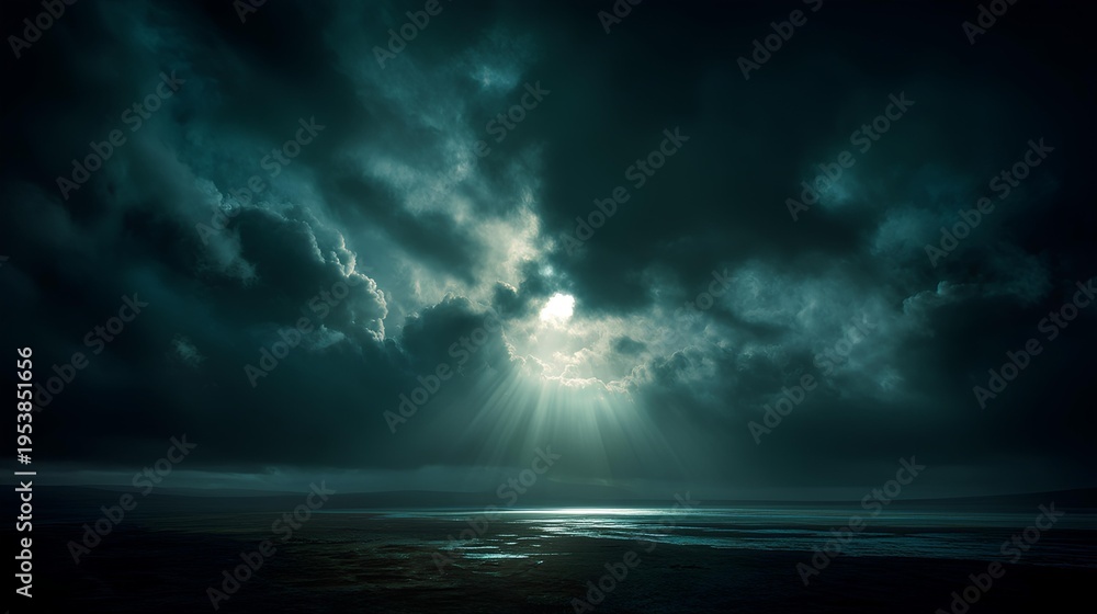 Obraz premium Dramatic Sky Over the Coastline: The powerful image showcases the untamed beauty of nature with a mesmerizing view of the dark, cloudy sky as sunlight pierces through the storm.