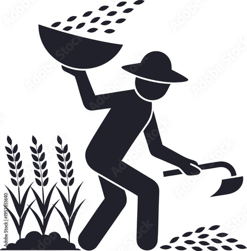 Farmer winnowing grain with sickle and wheat in a field, traditional agriculture concept