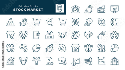 Stock market. Set of outline icons. Finance, investment, profit, trading, bear, bull, shareholder, exchange, market analysis and more. Line icon in linear style. Vector collection	