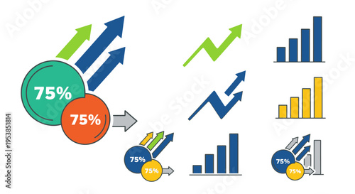 Collection of Business Growth Icons and Charts, Visualizing Financial Progress, Data Analysis, and Upward Trends, on an Isolated White Background