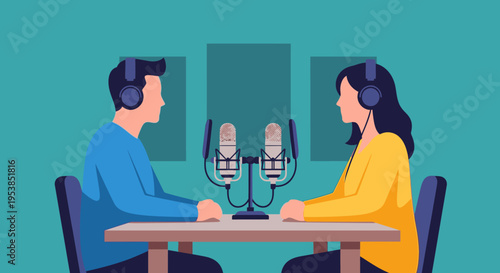 Engaged Man and Woman Recording a Podcast in a Professional Studio, Communicating and Interviewing with Microphones and Headphones