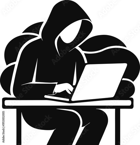 Hacker in hoodie using laptop, silhouette of person working on computer