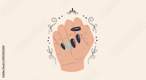 Woman's hand with stylish black and teal manicure, elegant nail art, surrounded by decorative swirls, on a light beige background.