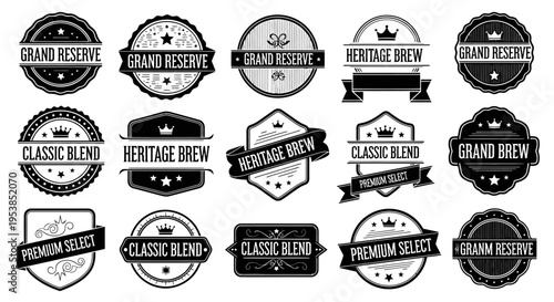 Set of vintage coffee shop badges and labels in black and white with text like Grand Reserve, Classic Blend, Heritage Brew, Premium Select, isolated white background.