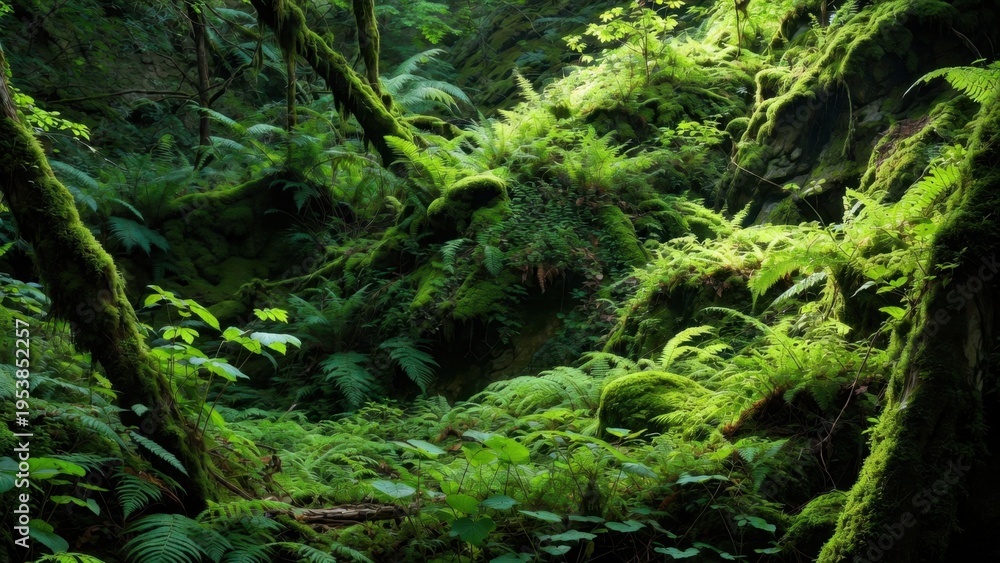 Fototapeta premium Sunlit mossy undergrowth with ferns among fallen branches