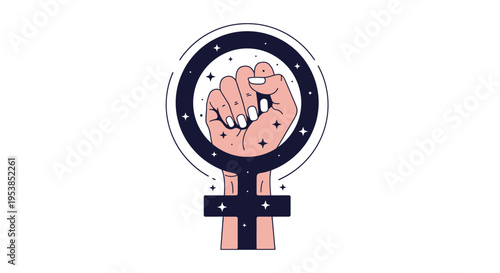 Feminist Movement Symbol with a Raised Fist in the Venus Sign on Isolated White Background, Women's Empowerment Concept