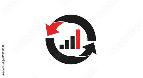 Business Performance Cycle with Bar Chart and Red Downward Arrow on Isolated White Background