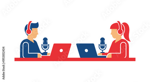 Engaged Man and Woman Recording a Podcast with Microphones and Laptops in a Bright Studio Setting