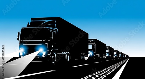 Convoy of semi-trucks with bright headlights driving on a dark road under a blue sky, illustrating global logistics, freight transportation, and long-haul delivery services. Vector illustration.
