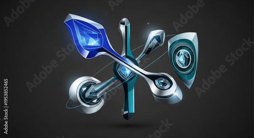 Futuristic Mechanical Assembly with Blue Gemstones and Metallic Components.