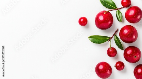 Fresh Cranberries With Green Leaves On White Background