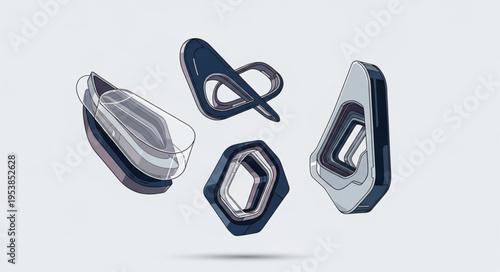 Abstract rendering of geometric shapes in blue and gray tones.