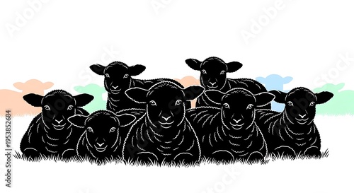 Charming illustration of seven fluffy black lambs sitting in a row on vibrant green grass, with soft pastel-colored hills and a bright white background, symbolizing innocence and springtime.