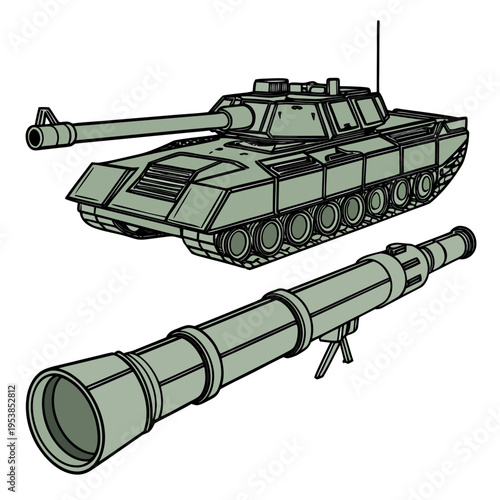Military green tank with long gun and separate rocket launcher tube for warfare or defense concepts