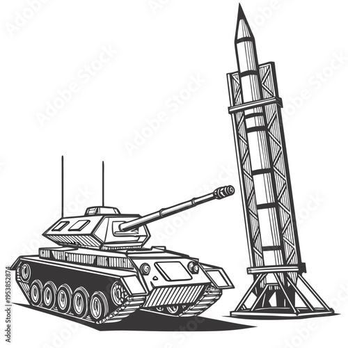 A black and white illustration of a tank and a rocket launcher on a with military vehicles and equipment