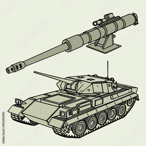 Military tank with long range gun and cannon on a beige background
