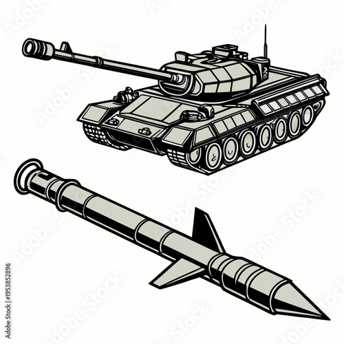 Military tank and missile illustration for warfare designs