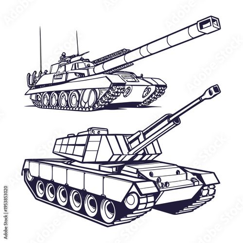 Two military tanks with guns in different positions for coloring book