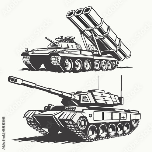 Two military tanks with different weaponry on a in black and white illustration