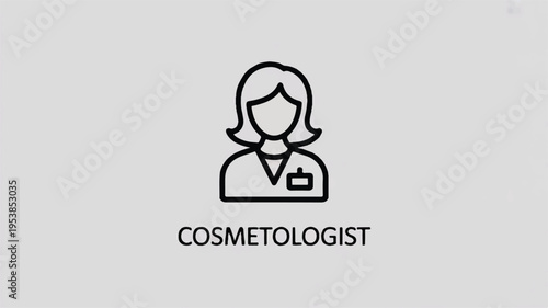 Simple line drawing of a female cosmetologist icon with badge