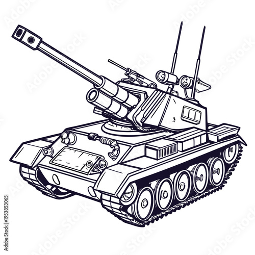 A black and white line drawing of a tank with a long gun and antennae on top