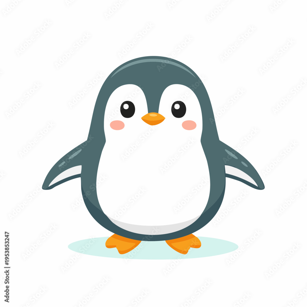 Fototapeta premium Adorable little cartoon penguin with big eyes and a charming orange beak, standing on a tiny ice patch, radiating cuteness and child-friendly appeal