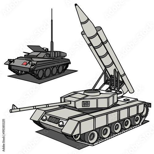 Military tank with missile launcher on top and another tank in background