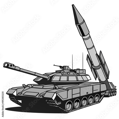 A black and white illustration of a military tank with a large missile launcher on top