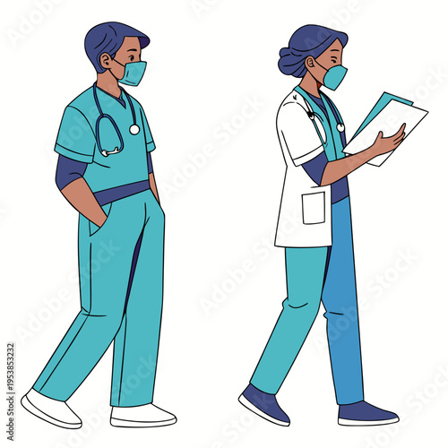 Two medical professionals wearing scrubs and face masks walking side by side in a hospital setting with a doctor and nurse