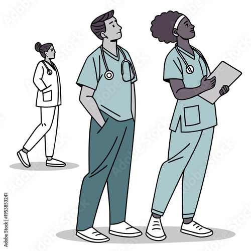 Three diverse medical professionals standing and walking in scrubs and stethoscopes