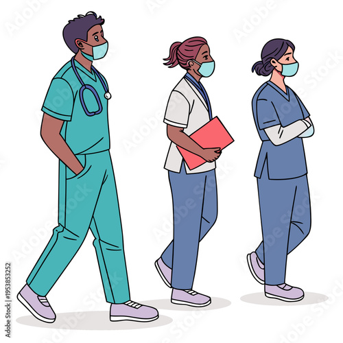 Three medical professionals wearing scrubs and face masks walking together in a hospital setting with a