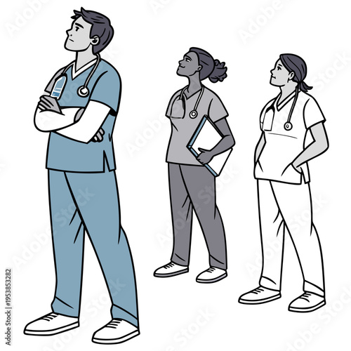 Three medical professionals standing in scrubs with stethoscopes around their necks