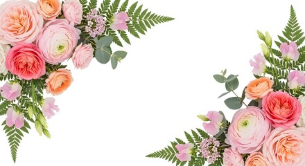 Floral corner frame with pink and peach roses, ranunculus, ferns, and eucalyptus on white.