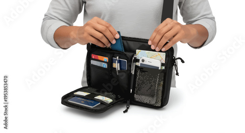 Person organizing travel wallet with cards and phone
